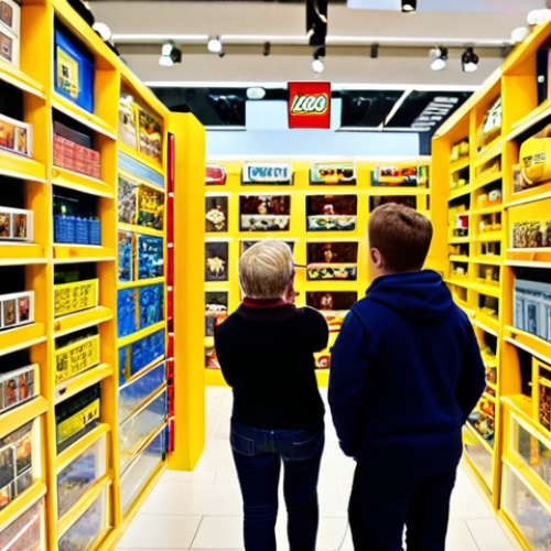 **Image Prompt 1:** A vibrant display in a LEGO store, showcasing classic LEGO sets with prominent discount signs. Focus on a family browsing the selection, with excited expressions. Include some LEGO sets that are recognizably "classic" in style.
