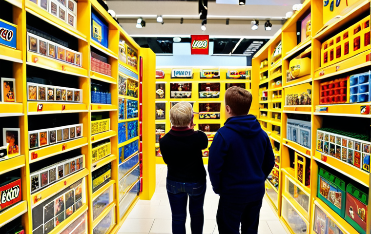 **Image Prompt 1:** A vibrant display in a LEGO store, showcasing classic LEGO sets with prominent discount signs. Focus on a family browsing the selection, with excited expressions. Include some LEGO sets that are recognizably "classic" in style.
