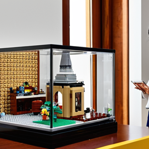 **Prompt:** A discerning LEGO collector in a modern, elegant study, meticulously inspecting a pristine, rare LEGO set in its original box (NIB). Soft, directed light highlights the authentic details of the set. On a sleek, futuristic screen nearby, a trusted online marketplace interface (like BrickLink or LEGO.com) displays market trends or a secure transaction. The room is filled with other carefully preserved LEGO sets, showcasing a blend of passion, smart investment, and trust in sourcing authentic pieces. The atmosphere is serene and focused, emphasizing quality and value. Subtle elements of modern Arab design are incorporated into the room's decor.