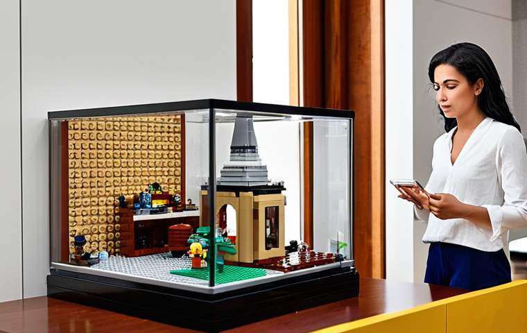 **Prompt:** A discerning LEGO collector in a modern, elegant study, meticulously inspecting a pristine, rare LEGO set in its original box (NIB). Soft, directed light highlights the authentic details of the set. On a sleek, futuristic screen nearby, a trusted online marketplace interface (like BrickLink or LEGO.com) displays market trends or a secure transaction. The room is filled with other carefully preserved LEGO sets, showcasing a blend of passion, smart investment, and trust in sourcing authentic pieces. The atmosphere is serene and focused, emphasizing quality and value. Subtle elements of modern Arab design are incorporated into the room's decor.
