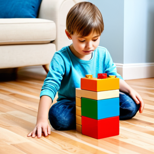 A young child, approximately 6 years old, fully clothed in modest, comfortable play attire, deeply focused on building an intricate structure with colorful building blocks on a clean, light wooden floor in a bright playroom. The child's expression shows concentration and creative thought, with scattered blocks around the half-finished project. Soft, natural light illuminates the scene, highlighting the vibrant colors of the blocks. perfect anatomy, correct proportions, natural pose, well-formed hands, proper finger count, natural body proportions, professional photography, high quality, safe for work, appropriate content, fully clothed, family-friendly.