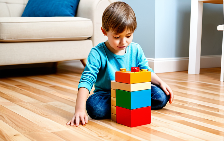 A young child, approximately 6 years old, fully clothed in modest, comfortable play attire, deeply focused on building an intricate structure with colorful building blocks on a clean, light wooden floor in a bright playroom. The child's expression shows concentration and creative thought, with scattered blocks around the half-finished project. Soft, natural light illuminates the scene, highlighting the vibrant colors of the blocks. perfect anatomy, correct proportions, natural pose, well-formed hands, proper finger count, natural body proportions, professional photography, high quality, safe for work, appropriate content, fully clothed, family-friendly.