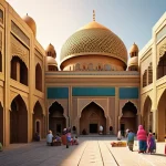 블록완구 캐릭터 및 테마 스토리 - A vibrant and intricate block-built Arabian city, bustling with diverse block-figure characters. The...