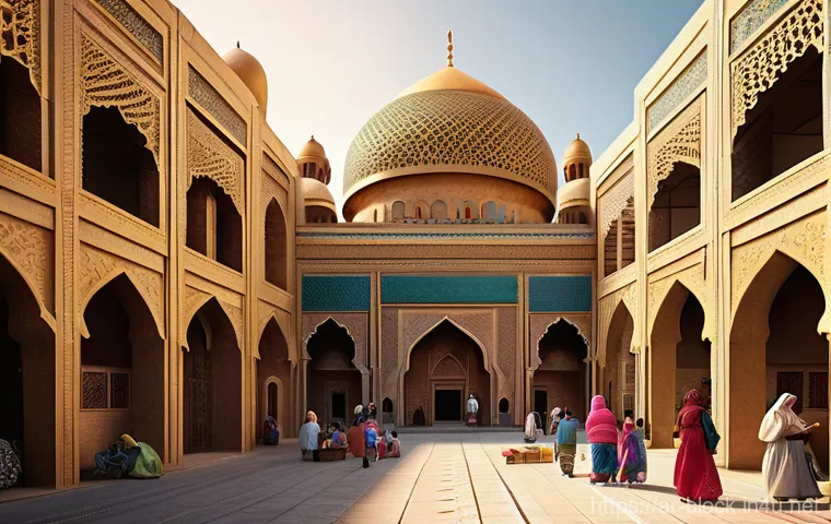 블록완구 캐릭터 및 테마 스토리 - A vibrant and intricate block-built Arabian city, bustling with diverse block-figure characters. The...