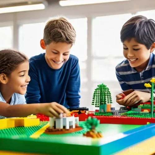 레고로 구현하는 과학 원리 실험 - **Prompt:** A diverse group of three elementary school children, two boys and one girl, aged around ...