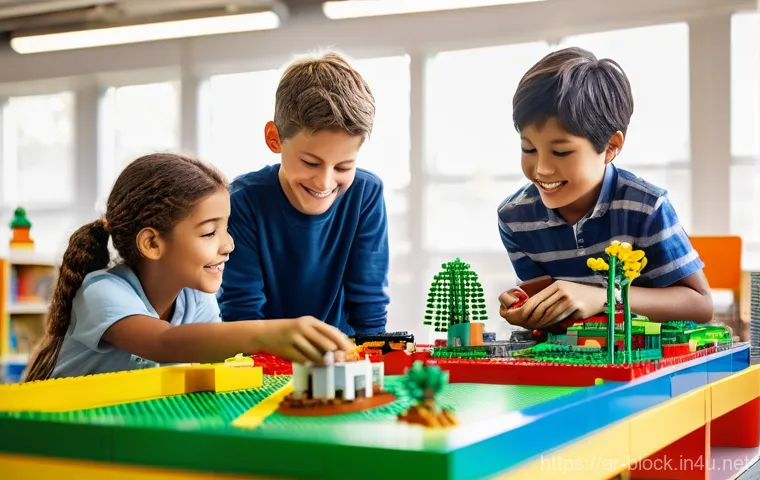 레고로 구현하는 과학 원리 실험 - **Prompt:** A diverse group of three elementary school children, two boys and one girl, aged around ...