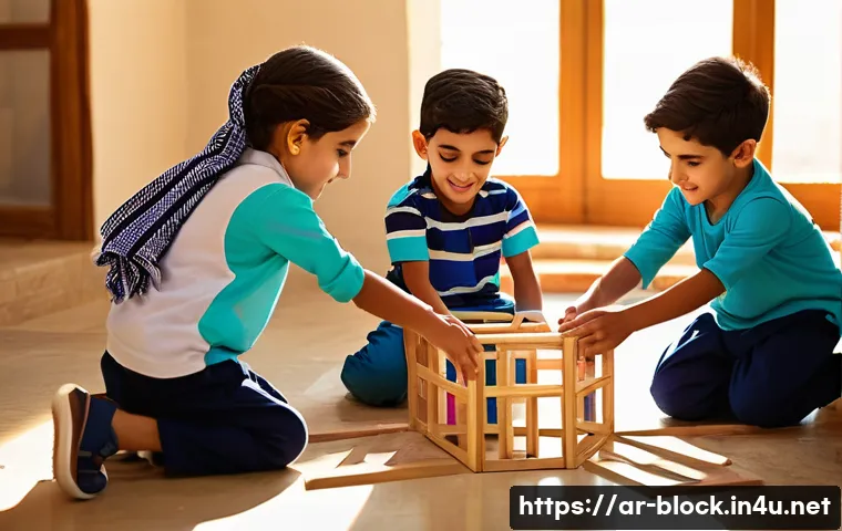 블록완구를 활용한 스팀 교육 - A warm, culturally rich classroom scene in a Middle Eastern setting where a group of young Arab chil...