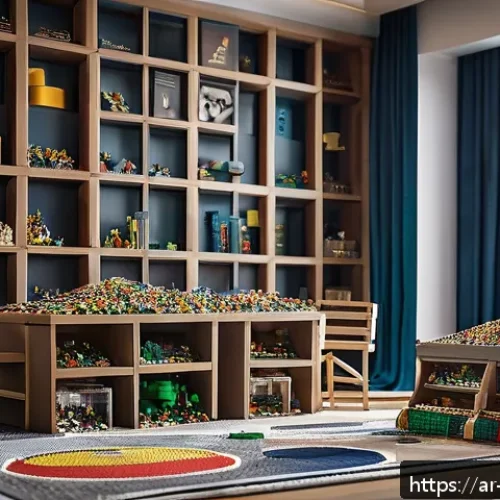 레고 마블 어벤져스 타워 - A detailed scene showing an organized workspace for building a complex Avengers LEGO tower, featurin...