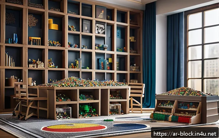 레고 마블 어벤져스 타워 - A detailed scene showing an organized workspace for building a complex Avengers LEGO tower, featurin...