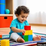 중고 블록완구 안전 구매법 - A clean, well-lit playroom scene featuring an Arab toddler wearing a diaper, happily playing with co...