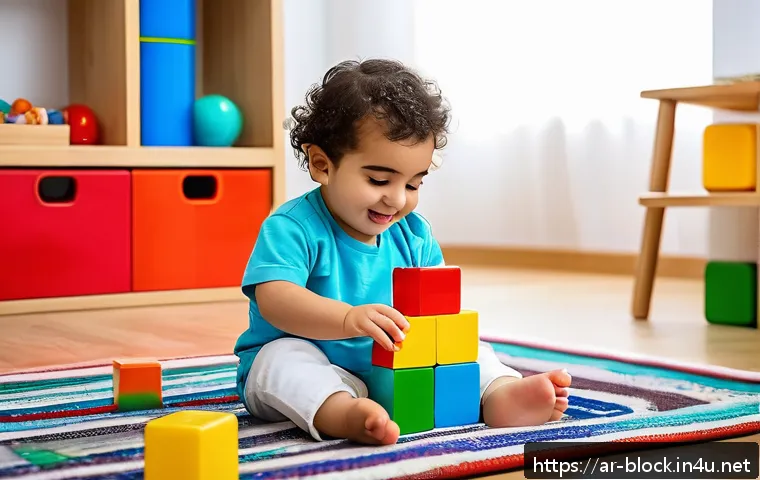 중고 블록완구 안전 구매법 - A clean, well-lit playroom scene featuring an Arab toddler wearing a diaper, happily playing with co...