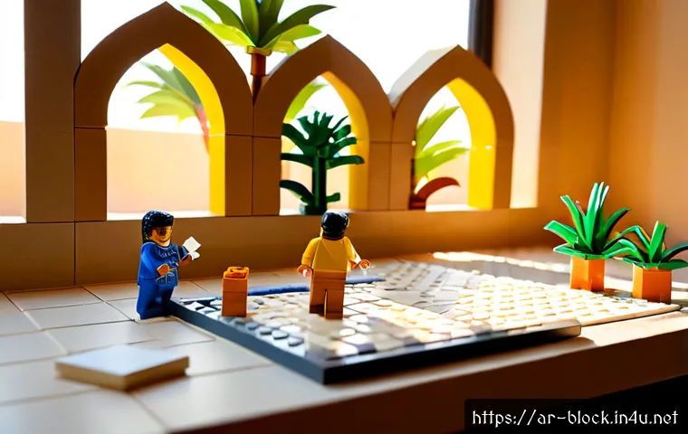 레고 디자인 공모전 도전기 - Photorealistic editorial scene of an Arab teenage LEGO-style brick design contest participant at a t...