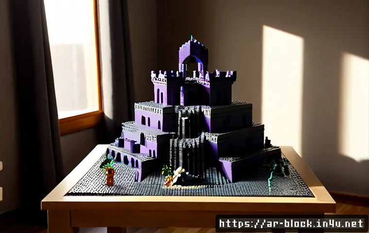 레고 마인크래프트 엔더월드 - Photorealistic tabletop scene of a detailed block-built fantasy End world diorama made from generic ...