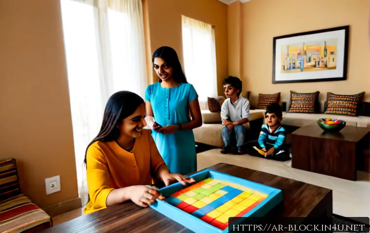 블록완구 글로벌 트렌드 분석 - Photorealistic wide-angle scene of a modern family living room in an upscale Arab home, children and...